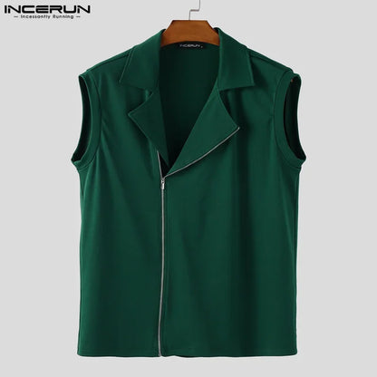 INCERUN hauts sans manche t-shirt été hommes débardeurs couleur unie fermeture éclair revers gilets hommes hauts surdimensionné vêtements pour hommes Streetwear