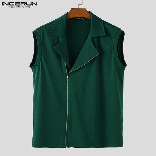 INCERUN hauts sans manche t-shirt été hommes débardeurs couleur unie fermeture éclair revers gilets hommes hauts surdimensionné vêtements pour hommes Streetwear