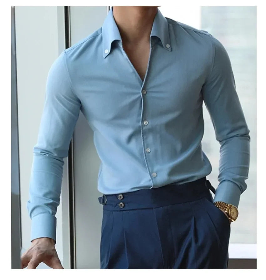 Chemise à col italien pour hommes, sans plis, décontractée, à la mode, coupe ajustée avec un Design à revers, vêtements de marque, pour jeunes, nouveau