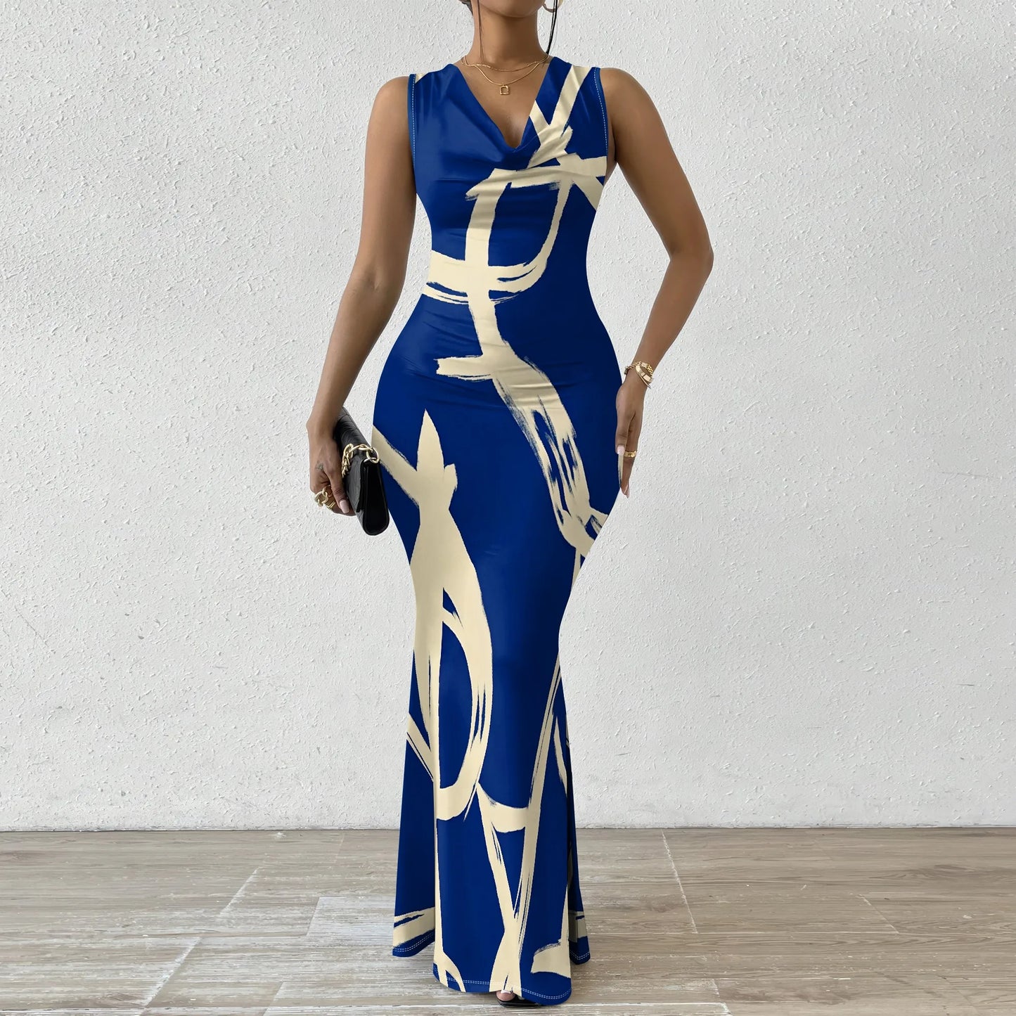 Robes d'invitées de mariage d'été pour femmes sirène élégante motif de rayures artistiques robe Maxi col en V sans manches robe de bal de soirée