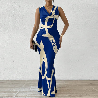 Robes d'invitées de mariage d'été pour femmes sirène élégante motif de rayures artistiques robe Maxi col en V sans manches robe de bal de soirée