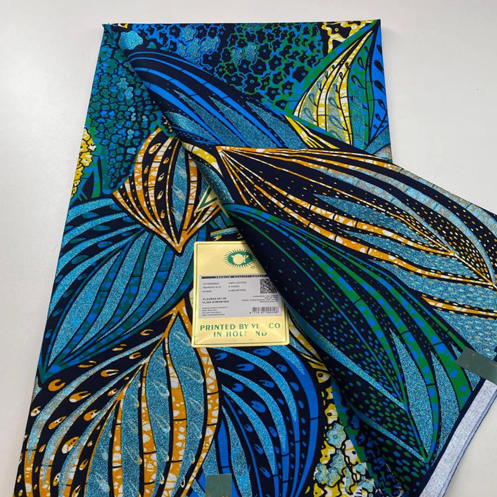 Tissu africain en cire de coton, très bonne qualité, nouvelle grande cire Ankara brillante Pagne, couleur grise, brillant doré, trucs Batik, 6 mètres