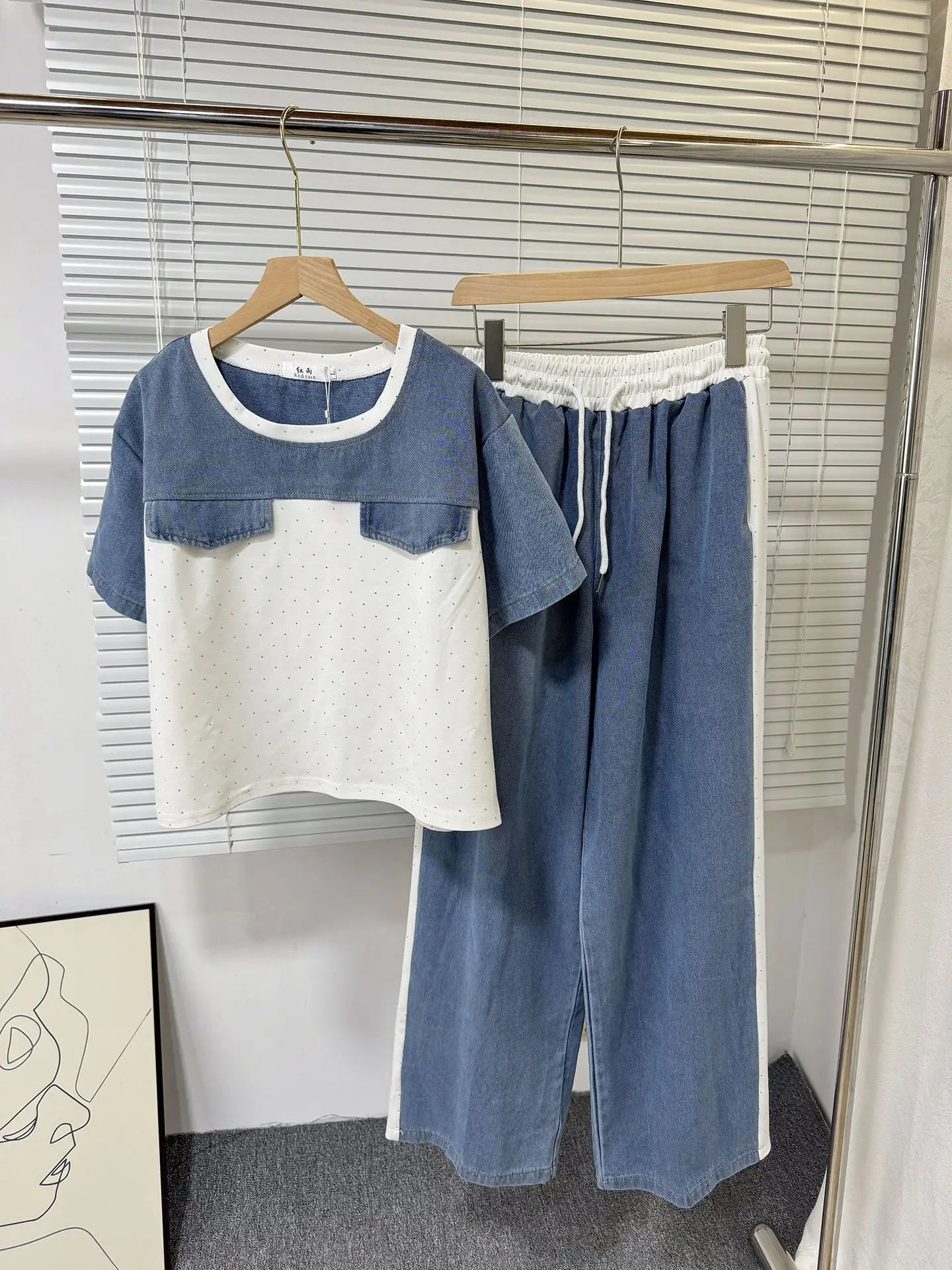 Ensemble deux pièces en Denim pour femmes, ensemble pantalon assorti, Streetwear Y2k, décontracté, perçage à chaud, hauts, jambes larges, pantalons longs, taille haute, 2025