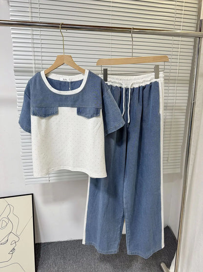 Ensemble deux pièces en Denim pour femmes, ensemble pantalon assorti, Streetwear Y2k, décontracté, perçage à chaud, hauts, jambes larges, pantalons longs, taille haute, 2025