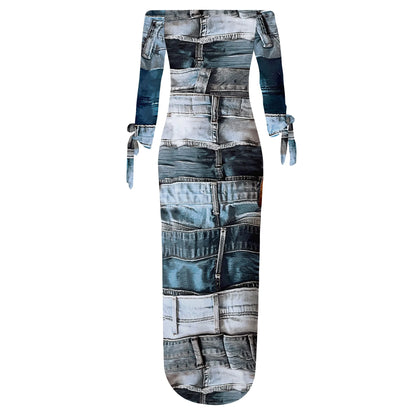 Robe en jean imprimé rétro, manches longues, coupe cintrée, élégante, décontractée, fente, col à une épaule