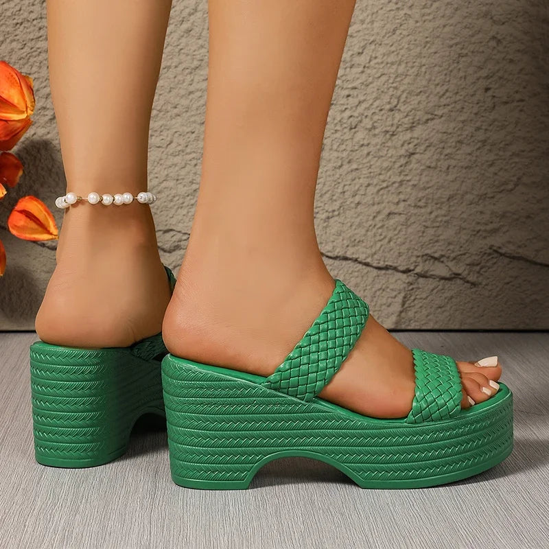 2025 vert talon compensé tissé sandales femmes grande taille grosse plate-forme pantoufles femme été semelle épaisse diapositives chaussures femme 42