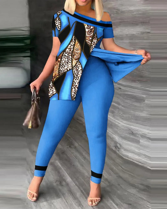 Ensemble deux pièces élégant pour femmes, nouvelle mode, imprimé, manches à volants, haut, pantalon de couleur unie, avec ceinture, chemisiers, vêtements féminins