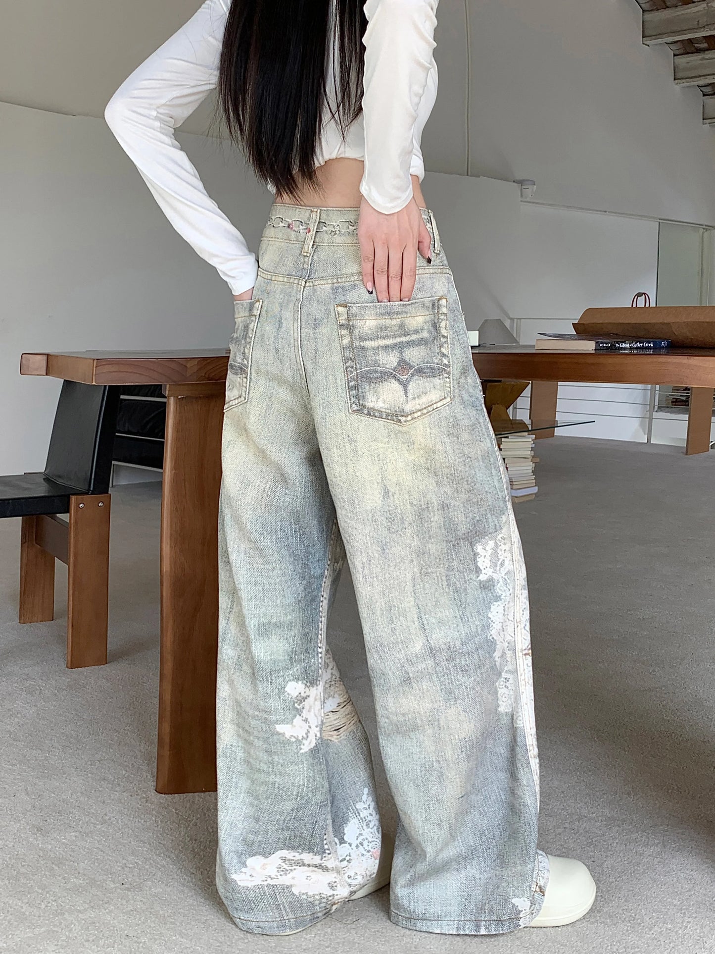 Jeans baggy gris pour femmes, diamants décoratifs Y2K, rue haute, fjHarajuku, style fille chaude des années 2000, pantalons rétro, vêtements