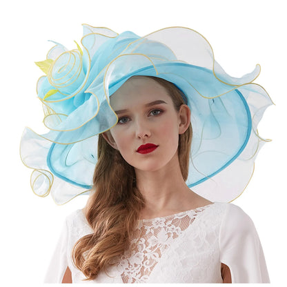 Femmes élégantes chapeau de soleil Organza Fedoras été chapeaux de soleil femmes Kentucky Derby large bord casquette de plage mariage Cocktail thé fête chapeaux