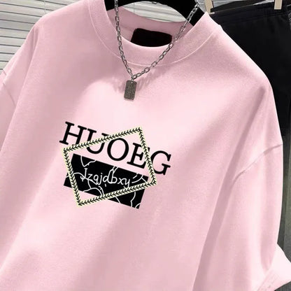 T-shirt à manches courtes en pur coton de style européen pour femmes, vêtements d'été décontractés, haut imprimé à col rond, pull basique pour femme