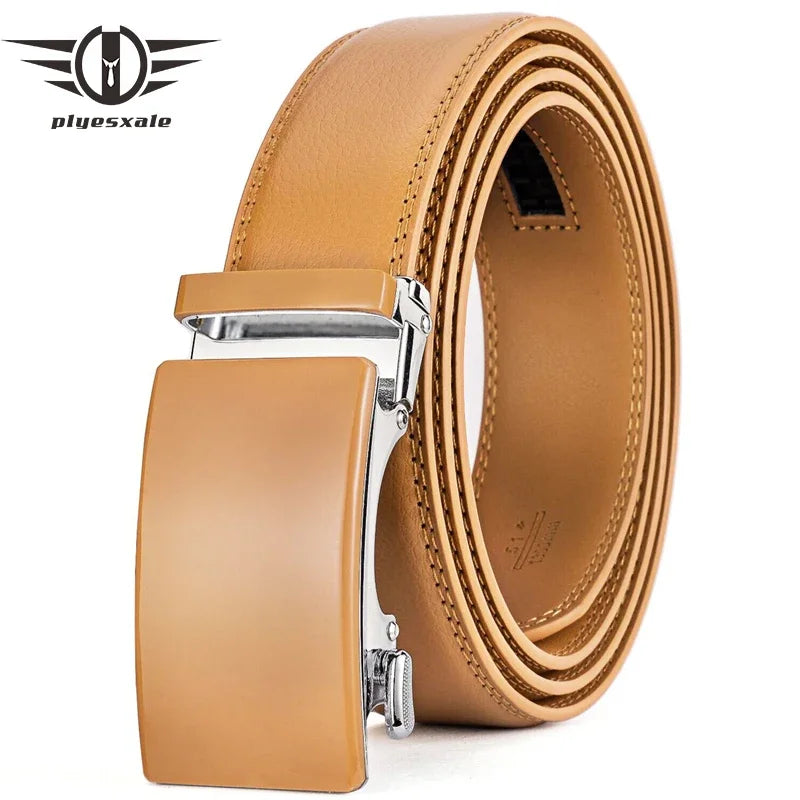 Plyesxale-Ceinture en cuir véritable pour homme, ceinture habillée à cliquet, haute qualité, automatique, bleu, rouge, marron clair, environnement B36