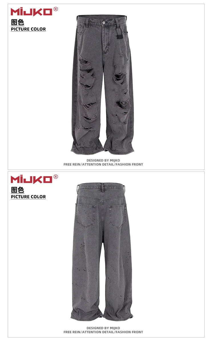 MIJKO jean Baggy délavé pour hommes Streetwear Hip Hop grand jean détruit pantalon en Denim droit