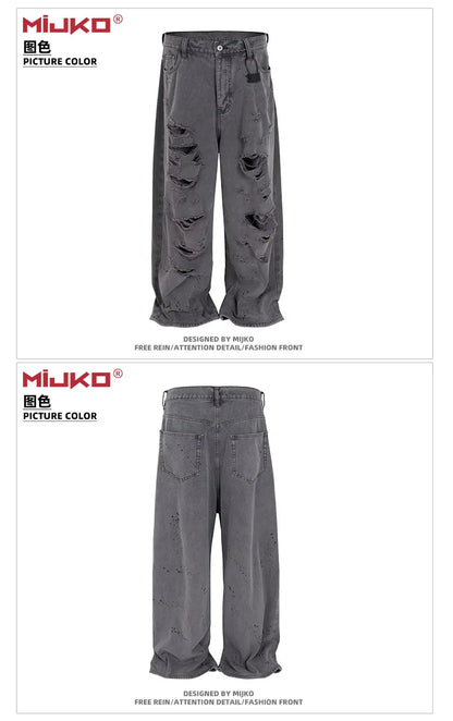 MIJKO jean Baggy délavé pour hommes Streetwear Hip Hop grand jean détruit pantalon en Denim droit