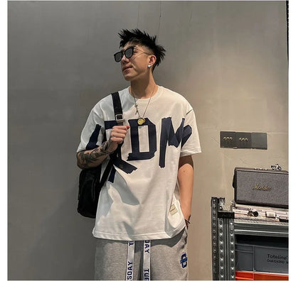 T-shirt manches courtes col rond, décontracté, assorti avec tout, tendance coréenne, couleur unie, lettre imprimée, ample, mode jeunesse, été 2023