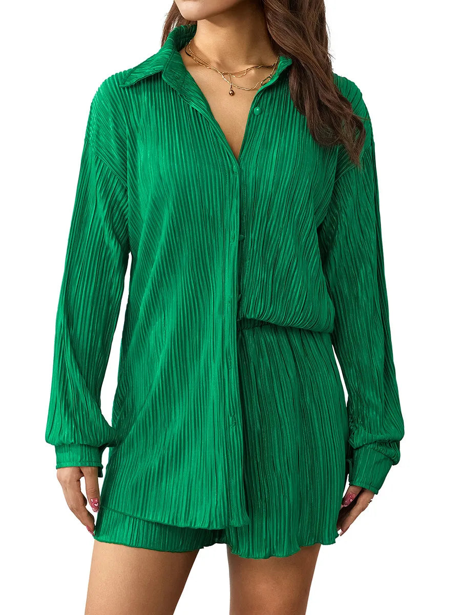 Ensemble de vêtements décontractés pour femmes, chemise froncée à manches longues, boutonnée et short, 2 pièces