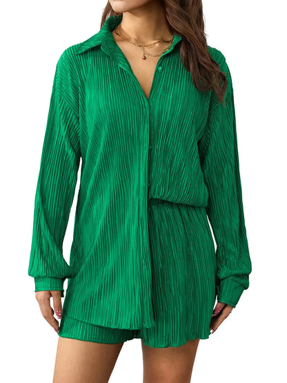 Ensemble de vêtements décontractés pour femmes, chemise froncée à manches longues, boutonnée et short, 2 pièces