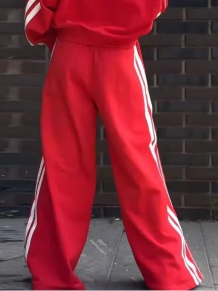 Ensemble 2 pièces pour femmes, haut court à manches longues, col en v + pantalon à jambes larges, avec poches bloquées de couleur, ample, nouvelle mode automne