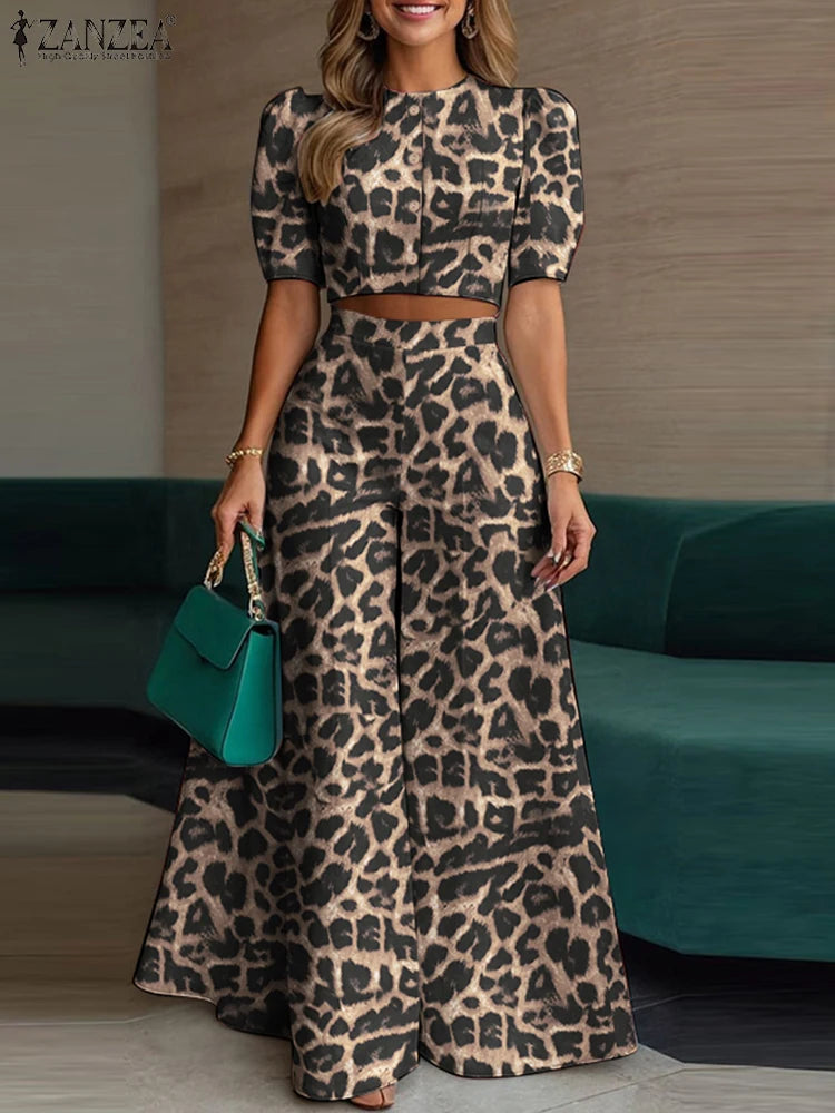 BS -  rue mode femme 2 pièces ensembles élégant manches courtes bouffantes haut court pantalon à jambes larges 2 pièces tenue élégant bureau pantalon ensembles