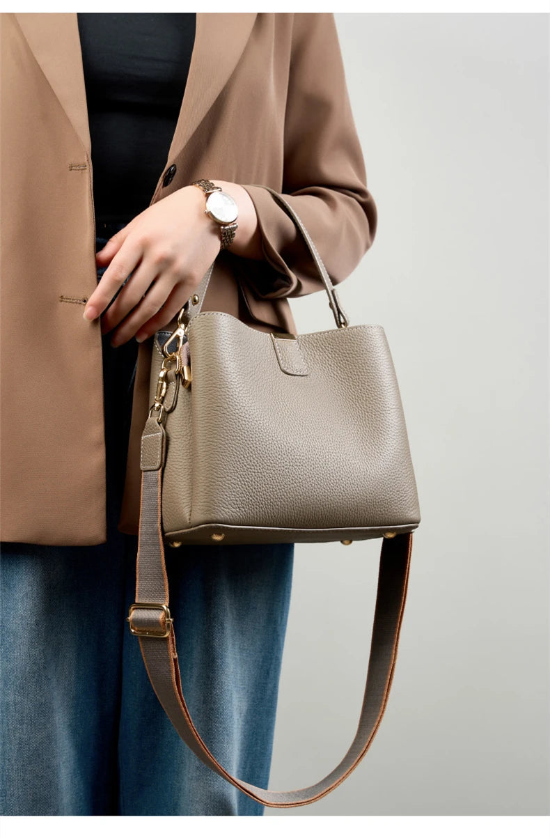 Hifashion 100% vache en cuir véritable seau épaule sacs à bandoulière pour femmes 2025 luxe concepteur large sangle fourre-tout dames sacs à main