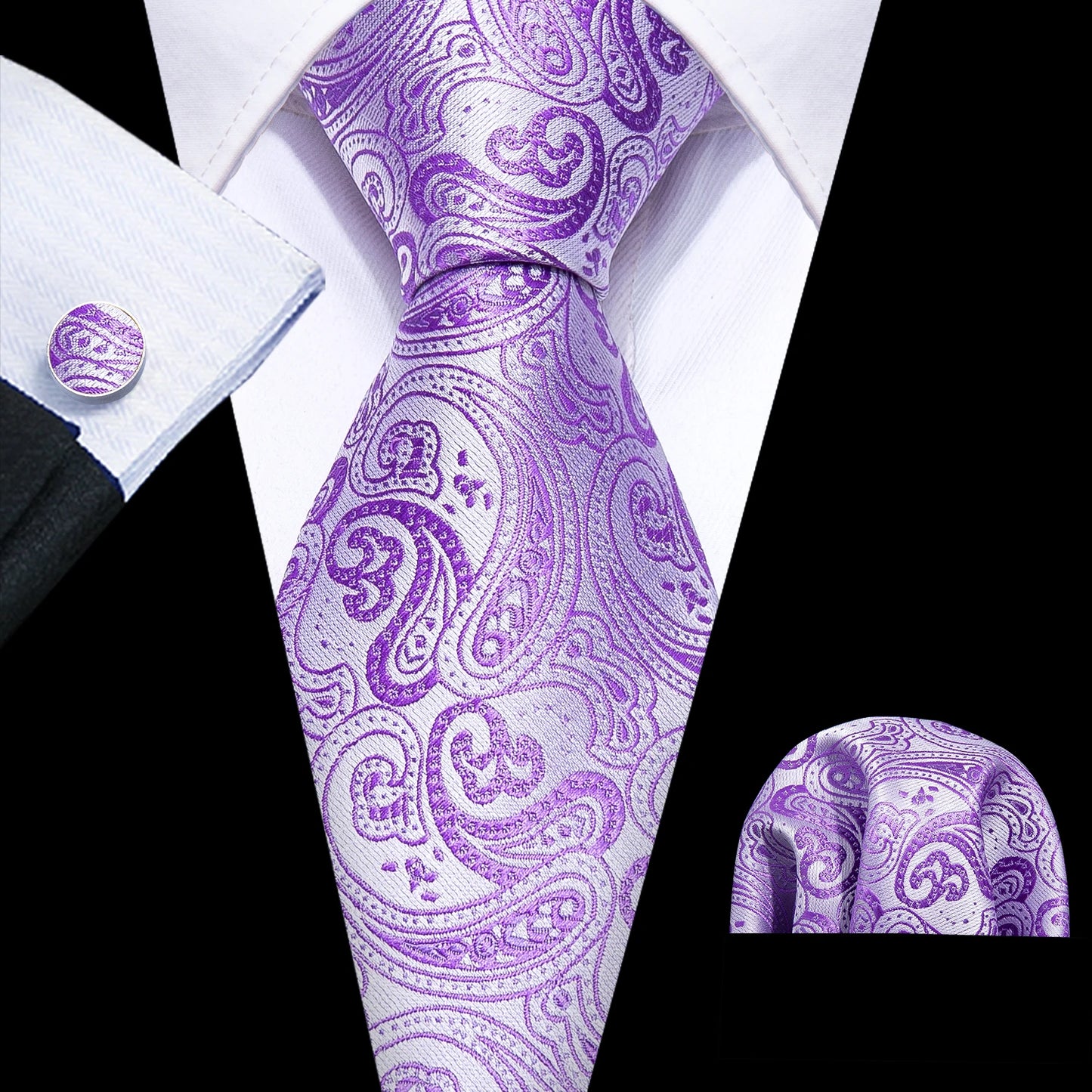 Barry.Wang violet lilas lavande soie hommes cravate mouchoir bouton de manchette ensemble Jacquard cravate florale pour homme mariage fête d'affaires