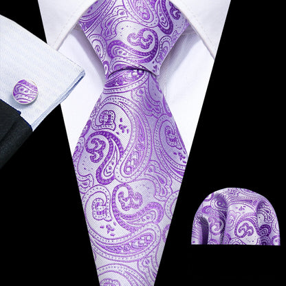Barry.Wang violet lilas lavande soie hommes cravate mouchoir bouton de manchette ensemble Jacquard cravate florale pour homme mariage fête d'affaires
