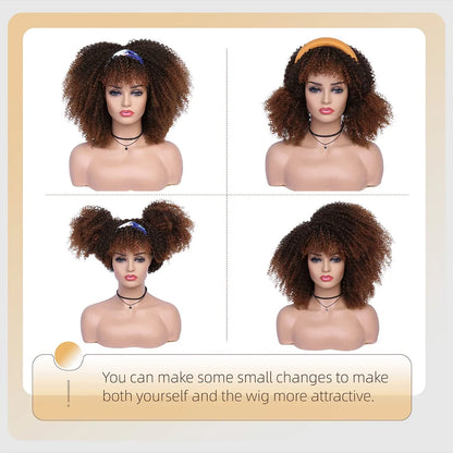 Perruques afro bouclées pour femmes noires, perruque bouclée crépue avec frange, perruque courte bouclée Bob, cheveux synthétiques d'apparence naturelle, noir et brun, 16 po