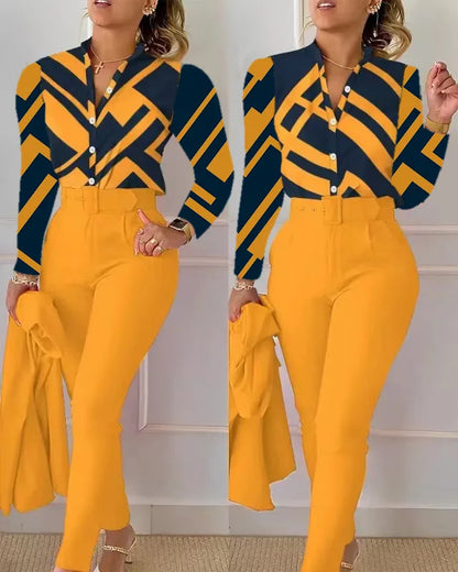 Ensemble deux pièces imprimé pour femmes, élégant, col en V, manches longues, petit haut et pantalon Long, avec ceinture, vêtements de travail, printemps-automne
