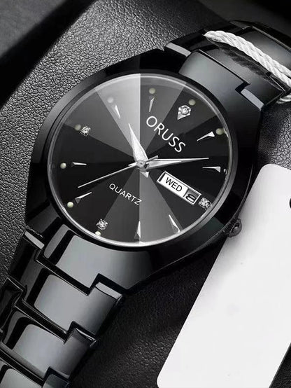 ORUSS-Montre de couple étanche pour hommes et femmes, quartz, acier inoxydable, date, semaine, horloge, cadeau pour amoureux, mode décontractée