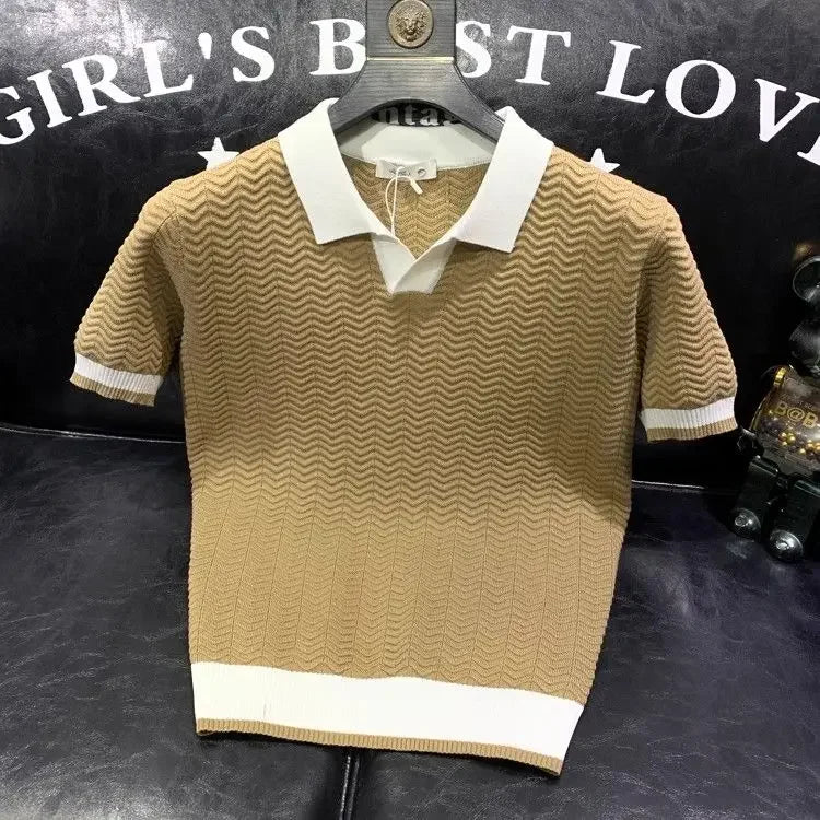 T-shirt à manches courtes en soie glacée pour hommes, pull tricoté à revers contrasté, tendance et personnalisé, décontracté, nouvelle collection été