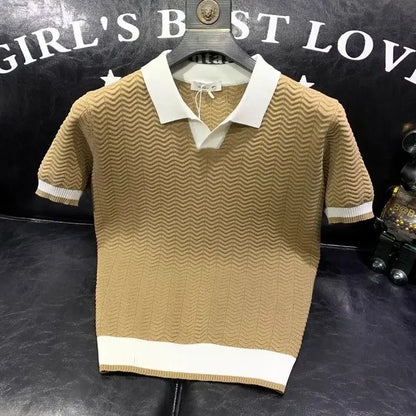 T-shirt à manches courtes en soie glacée pour hommes, pull tricoté à revers contrasté, tendance et personnalisé, décontracté, nouvelle collection été