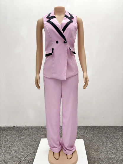 BS -  mode femmes ensemble rayé Patchwork sans manches débardeur Blazer haut et pantalon à jambes larges costume 2025 deux 2 pièces ensembles tenues