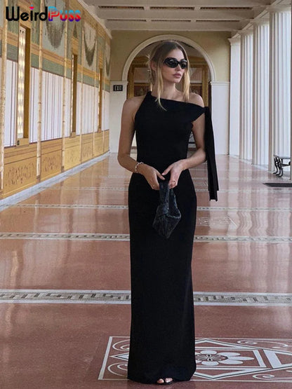 Bizarre chat une épaule robe femme été Sexy solide élégant noeud pansement sans manches moulage Simple fête maigre robes