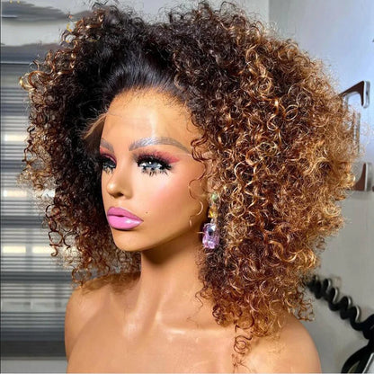 Bob doux 16 "Ombre Blonde brun crépus bouclés 180 densité dentelle avant perruque pour les femmes noires BabyHair sans colle pré-épilé résistant à la chaleur