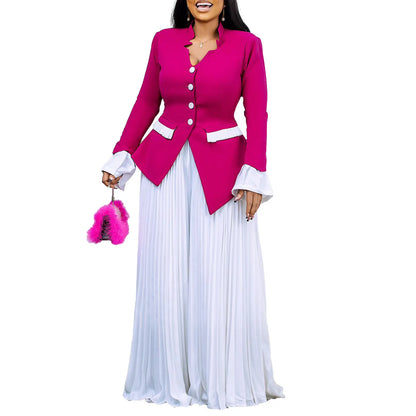 BS -  ensemble élégant  femme manches évasées bouton Blazer chemise + pantalon Long plissé costume Streetwear deux 2 pièces ensemble afrique OL tenues