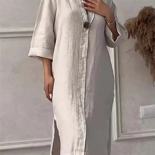 Femmes décontracté boutonné lin irt Long Ne rond couleur Blo vêtements pour animaux de compagnie accessoires