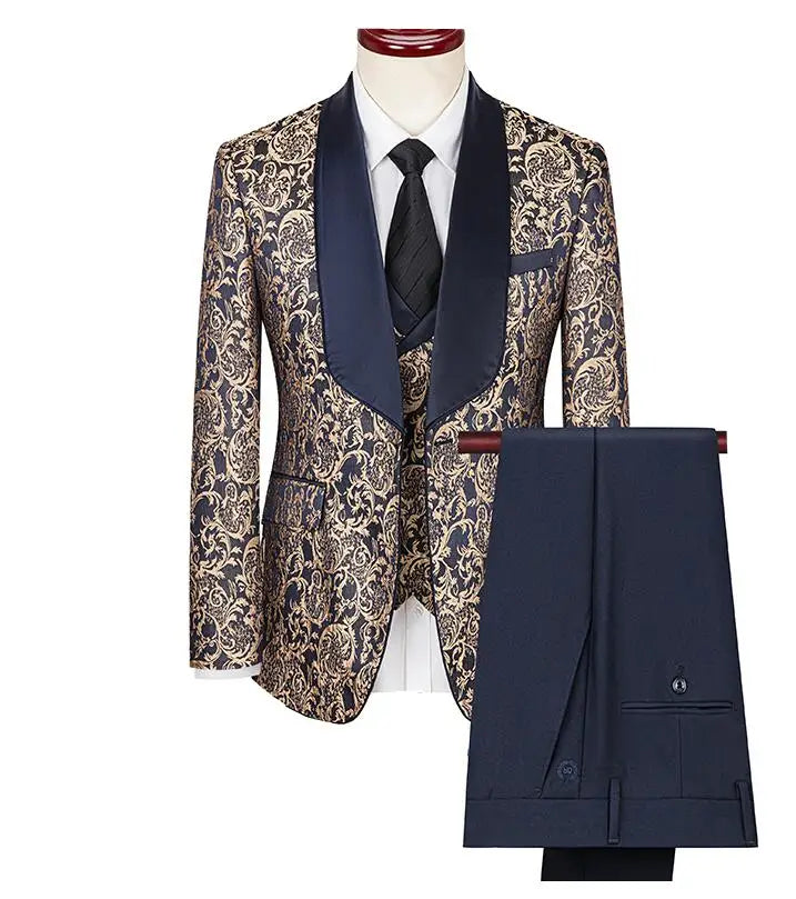 Costume vert 3 pièces pour hommes, veste de robe de soirée de mariage avec gilet et pantalon, ensembles Slim à la mode pour hommes, tissu Jacquard Beige, noir, bleu