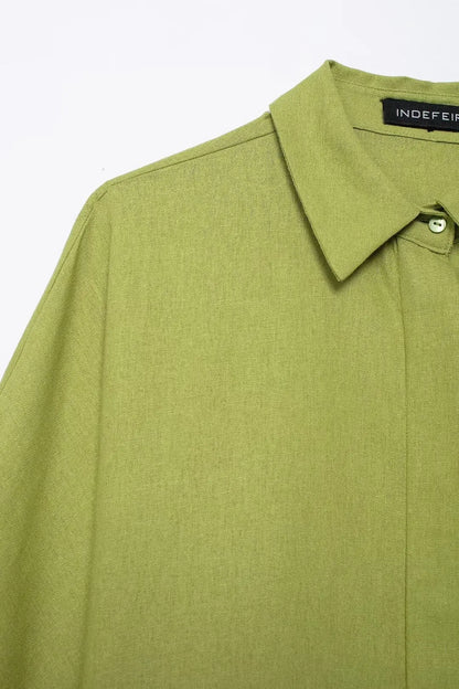 TRAFZA 2024 femmes 2 pièces ensemble taille élastique poche plis décorer pantalon à jambes larges + solide simple boutonnage fente ourlet Blouse haut