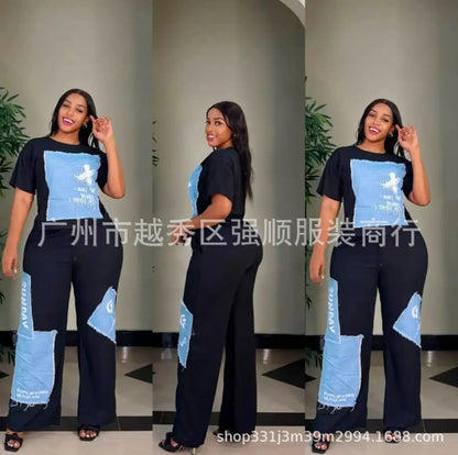 Personnalisé 2025 nouvelles femmes rayure imprimé 2 pièces ensembles survêtement femmes décontracté grande taille bureau montre de sport et pantalon à jambes larges ensemble