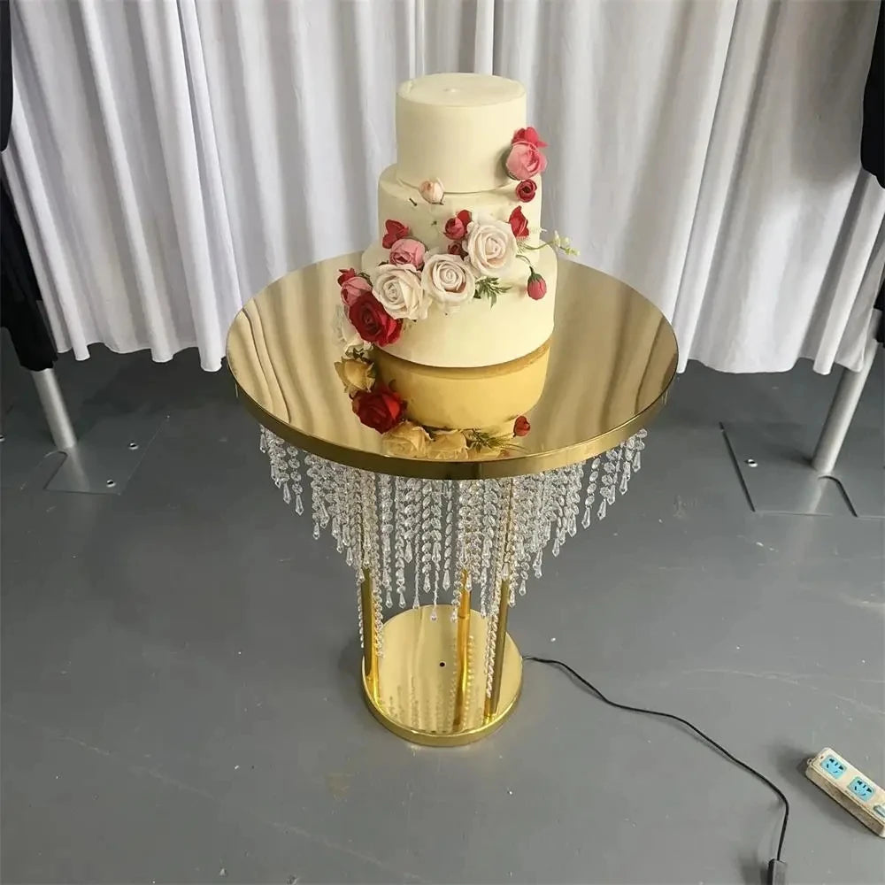 Rideau de perles de cristal, Table à gâteau, décoration de mariage, Table en métal avec éclairage, Table à gâteau en cristal de mariage