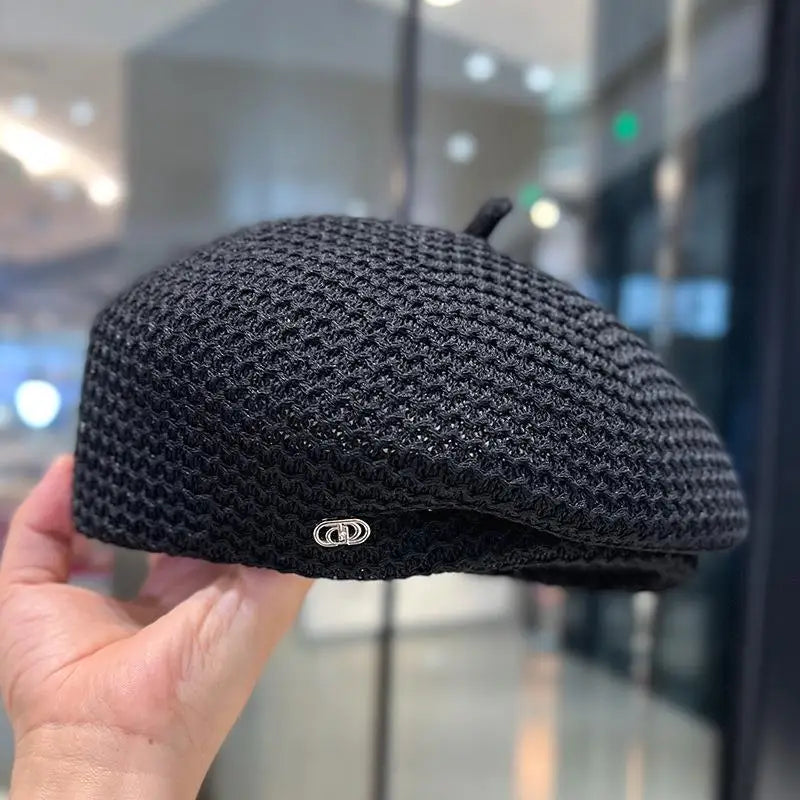 Béret en paille de papier plissé fixe pour femmes, tricot en soie de lait d'été, respirant, grand artiste, chapeau de peintre à la mode