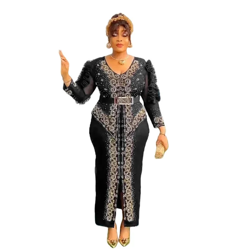 Robe longue africaine à col en v, ornée de strass, manches en maille à bulles, ajustée à la taille, fente latérale, offre spéciale