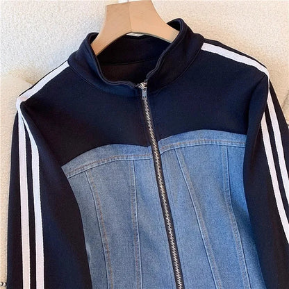 Ensemble pantalon femmes deux pièces ensembles Denim épissure fermeture éclair ensembles assortis manteaux décontractés jambe large pantalons longs à lacets taille élastique 2025