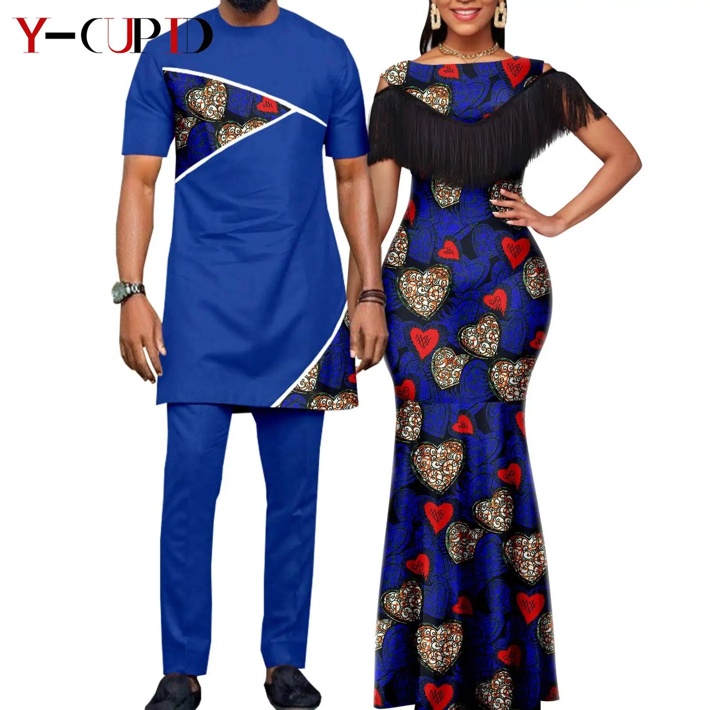 Robes africaines pour femmes, tenues de Couple assorties, Bazin Riche Dashiki, Slim, imprimé pompon, longues robes de fête Y23C009