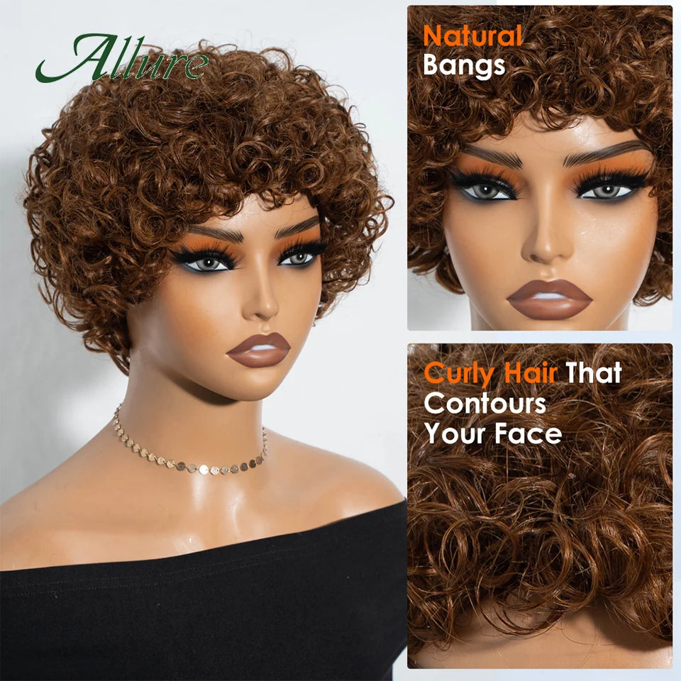 Jerry bouclés perruques de cheveux humains pour les femmes noires 10 pouces court Pixie Afro crépus bouclés perruque avec frange brun couleur cheveux perruques Allure