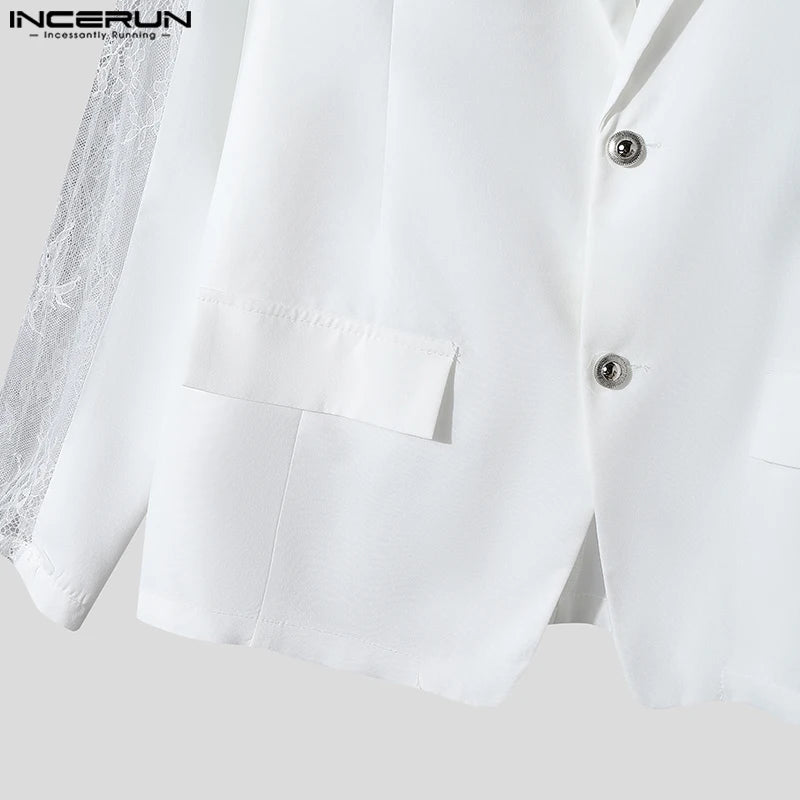 INCERUN hauts 2024 Style américain mode hommes Perspective dentelle épissage conception costume manteaux décontracté solide à manches longues Blazer S-5XL