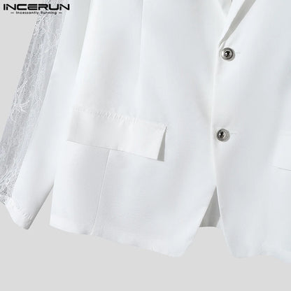 INCERUN hauts 2024 Style américain mode hommes Perspective dentelle épissage conception costume manteaux décontracté solide à manches longues Blazer S-5XL