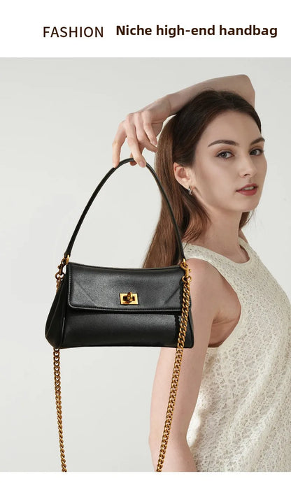 Sac à bandoulière en cuir de vache pour femmes, avec chaîne, petit Design, sac à main haut de gamme pour employés de bureau, accessoire de mode à bandoulière unique