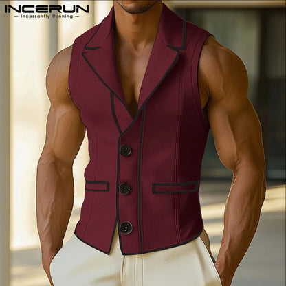 INCERUN hommes gilets Patchwork revers sans manches bouton décontracté hommes gilets couleur-bloc Streetwear 2025 mode gilets hommes S-5XL