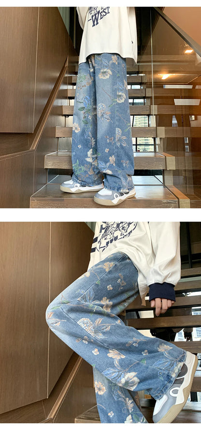 PO gy-Jean à imprimé floral pour homme, pantalon en denim, jambe large, style coréen, rue haute, adt fjHop, automne, 2024
