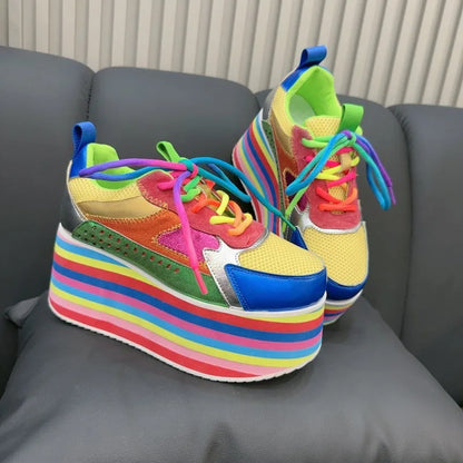 Style de loisirs dames couleur arc-en-ciel maille bout rond plate-forme croisée talons hauts chaussures respirant couleurs mélangées pompes de mode